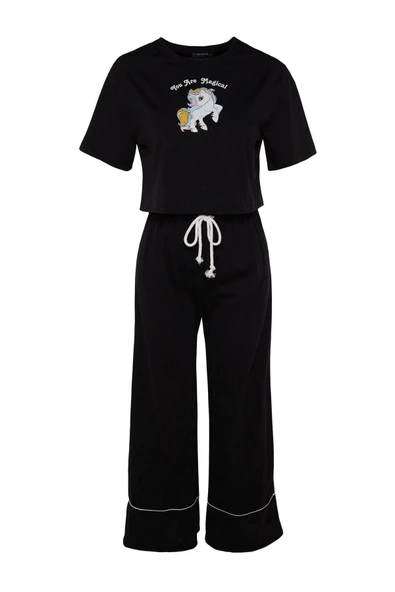 Kadın Polyester Karışımlı Bisiklet Yaka Kısa Kol Pamuklu Baskılı T-shirt-Pantolon Örme Pijama Takımı - 6