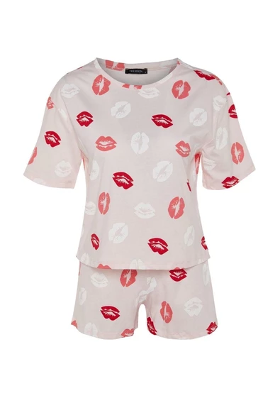 Kadın %100 Pamuk Bisiklet Yaka Kısa Kol %100 Pamuk Dudak Desenli T-shirt-Şort Örme Pijama Takımı - 4