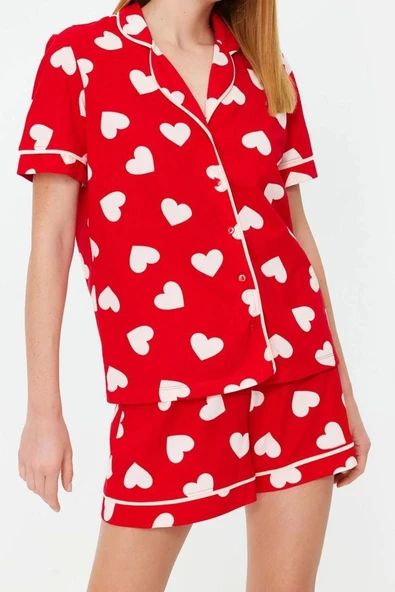 Kadın %100 Pamuk Gömlek Yaka Kısa Kol Kalp Desenli Biye Detaylı Gömlek-Şort Örme Pijama Takımı - 4