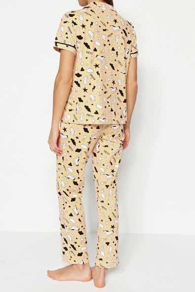 Kadın %100 Pamuk Gömlek Yaka Kısa Kol Biyeli Grafik Desenli Gömlek-Pantolon Örme Pijama Takımı - 5