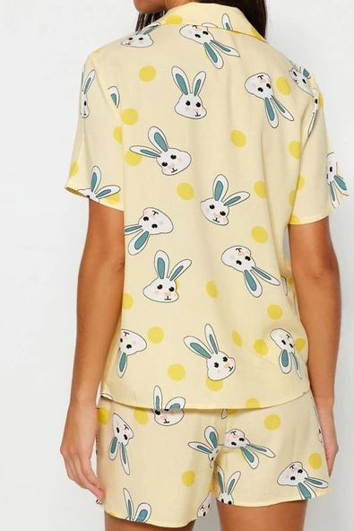 Kadın Viskon Gömlek Yaka Kısa Kol Tavşan Desenli Viskon Gömlek-Şort Dokuma Pijama Takımı - 6