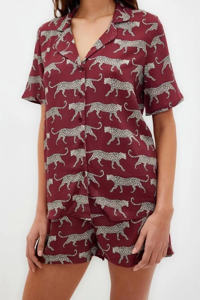 Kadın Viskon Ceket Yaka Kısa Kol Desenli Viskon Gömlek-Şort Dokuma Pijama Takımı - 4