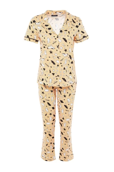 Kadın %100 Pamuk Gömlek Yaka Kısa Kol Biyeli Grafik Desenli Gömlek-Pantolon Örme Pijama Takımı - 6