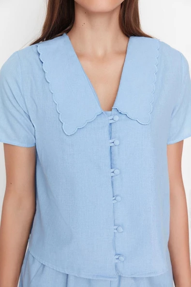Kadın %100 Pamuk Bebe Yaka Kısa Kol %100 Pamuk Yaka Detaylı Gömlek-Şort Dokuma Pijama Takımı - 3