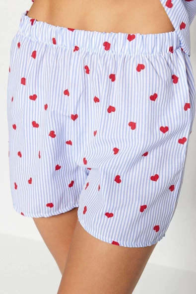 Kadın Pamuk Polyester Ceket Yaka Kısa Kol Çizgili Kalp Desenli Viskon Dokuma Pijama Takımı - 5