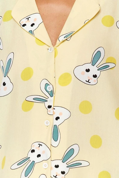 Kadın Viskon Gömlek Yaka Kısa Kol Tavşan Desenli Viskon Gömlek-Şort Dokuma Pijama Takımı - 3