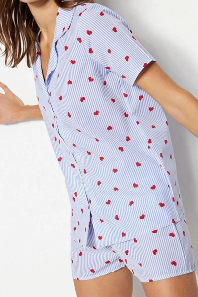 Kadın Pamuk Polyester Ceket Yaka Kısa Kol Çizgili Kalp Desenli Viskon Dokuma Pijama Takımı - 3