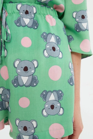 Kadın Viskon V Yaka Uzun Kol Koala Desenli Viskon Gömlek-Şort Dokuma Pijama Takımı - 5