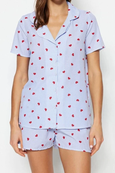 Kadın Pamuk Polyester Ceket Yaka Kısa Kol Çizgili Kalp Desenli Viskon Dokuma Pijama Takımı