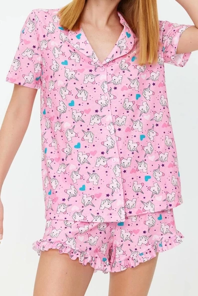 Kadın %100 Pamuk Ceket Yaka Kısa Kol %100 Pamuk Eğlenceli Desenli Gömlek-Şort Örme Pijama Takımı - 2