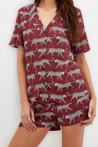Kadın Viskon Ceket Yaka Kısa Kol Desenli Viskon Gömlek-Şort Dokuma Pijama Takımı - 3