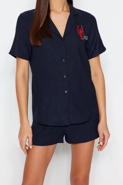 Kadın Viskon Gömlek Yaka Kısa Kol Indıgo Nakışlı Viskon Gömlek-Şort Dokuma Pijama Takımı - 4