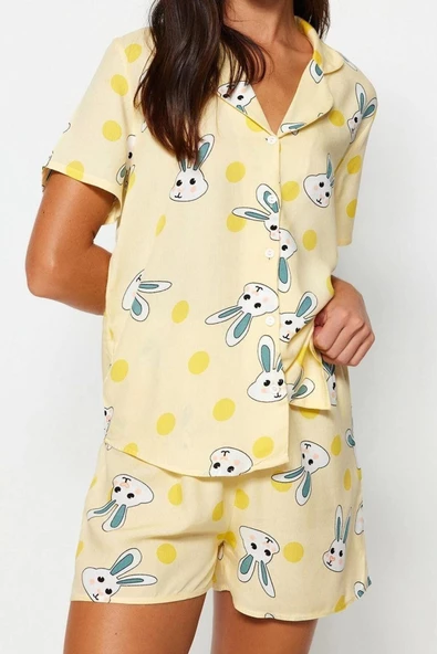 Kadın Viskon Gömlek Yaka Kısa Kol Tavşan Desenli Viskon Gömlek-Şort Dokuma Pijama Takımı - 5