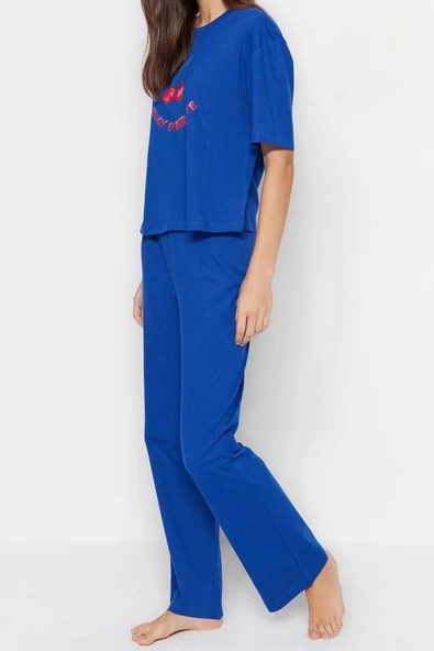 Kadın Bisiklet Yaka Kısa Kol Pamuklu Kiraz Baskılı T-shirt-Pantolon Örme Pijama Takımı - 4