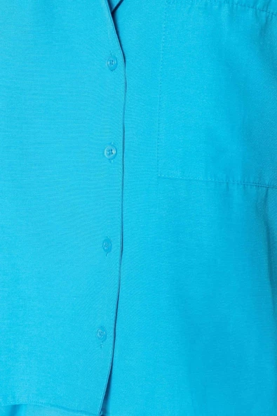Kadın Polyester Gömlek Yaka Kısa Kol Mavi Terrycotton Gömlek-Şort Dokuma Pijama Takımı - 5