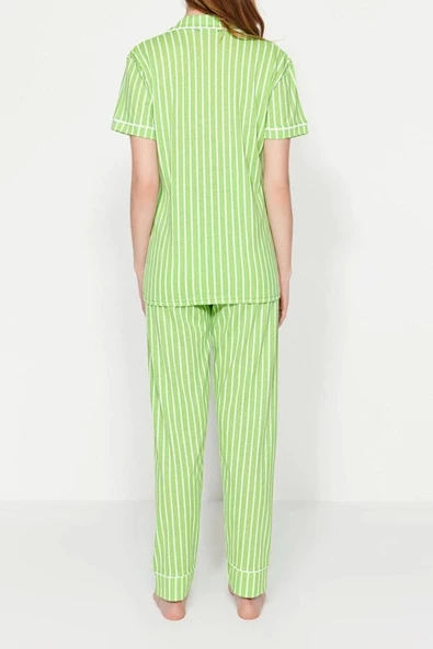 Kadın Gömlek Yaka Kısa Kol Pamuklu Çizgili Hayvan Baskılı Gömlek-Pantolon Örme Pijama Takımı - 6