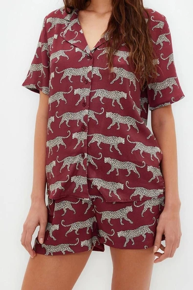 Kadın Viskon Ceket Yaka Kısa Kol Desenli Viskon Gömlek-Şort Dokuma Pijama Takımı - 2