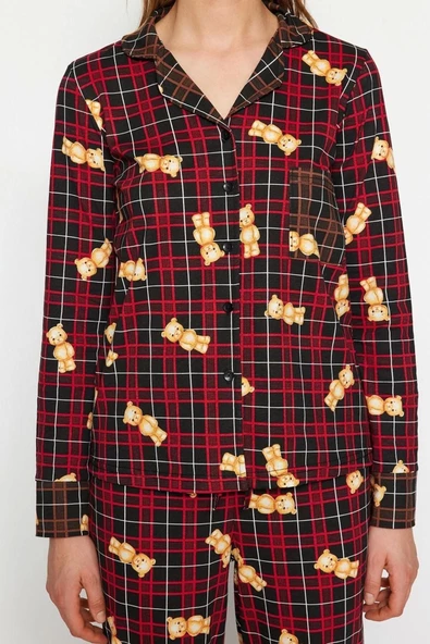 Kadın %100 Pamuk Bisiklet Yaka Uzun Kol Çok Renkli Ayıcık Desenli Ekoseli Örme Pijama Takımı - 4