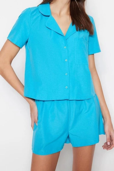 Kadın Polyester Gömlek Yaka Kısa Kol Mavi Terrycotton Gömlek-Şort Dokuma Pijama Takımı - 4
