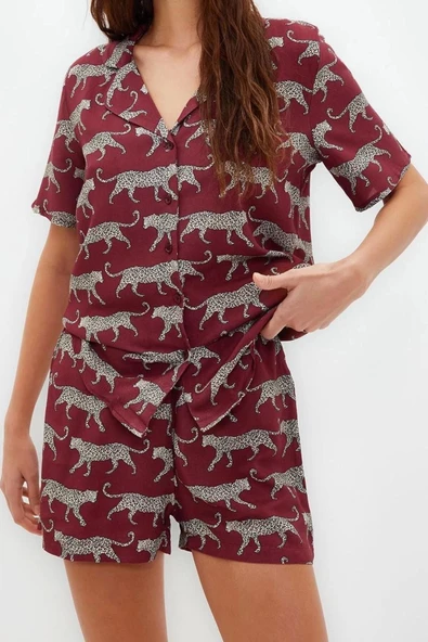 Kadın Viskon Ceket Yaka Kısa Kol Desenli Viskon Gömlek-Şort Dokuma Pijama Takımı