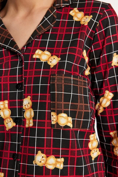 Kadın %100 Pamuk Bisiklet Yaka Uzun Kol Çok Renkli Ayıcık Desenli Ekoseli Örme Pijama Takımı - 5