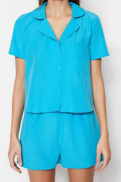 Kadın Polyester Gömlek Yaka Kısa Kol Mavi Terrycotton Gömlek-Şort Dokuma Pijama Takımı