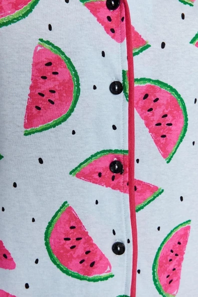 Kadın %100 Pamuk Gömlek Yaka Uzun Kol Karpuz Desenli Fırfırlı Gömlek-Şort Örme Pijama Takımı - 4