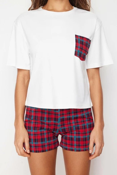 Kadın Pamuklu Bisiklet Yaka Kısa Kol Çok Renkli Ekoseli Örme Pijama Takımı