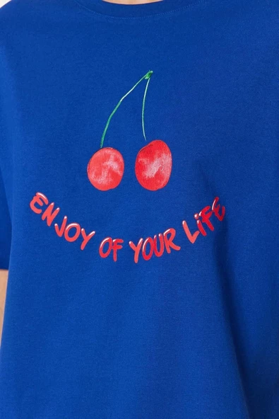 Kadın Bisiklet Yaka Kısa Kol Pamuklu Kiraz Baskılı T-shirt-Pantolon Örme Pijama Takımı - 5
