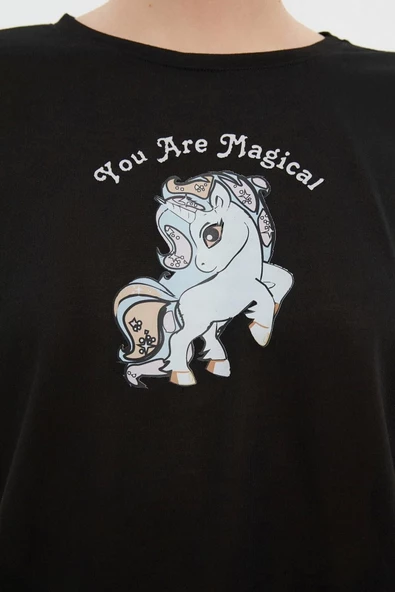 Kadın Polyester Karışımlı Bisiklet Yaka Kısa Kol Pamuklu Baskılı T-shirt-Pantolon Örme Pijama Takımı - 4