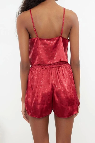 Kadın Polyester V Yaka Askılı Kol Saten İp Askılı Dokuma Pijama Takımı - 5