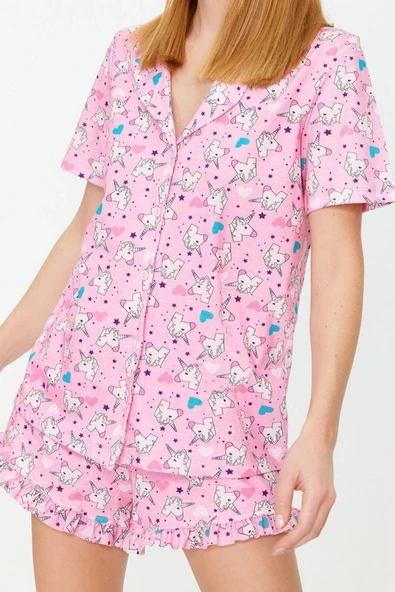 Kadın %100 Pamuk Ceket Yaka Kısa Kol %100 Pamuk Eğlenceli Desenli Gömlek-Şort Örme Pijama Takımı - 3