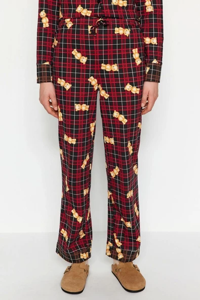 Kadın %100 Pamuk Bisiklet Yaka Uzun Kol Çok Renkli Ayıcık Desenli Ekoseli Örme Pijama Takımı - 6