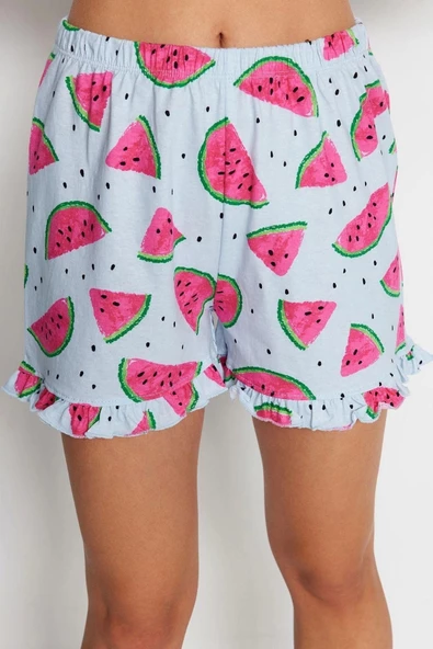 Kadın %100 Pamuk Gömlek Yaka Uzun Kol Karpuz Desenli Fırfırlı Gömlek-Şort Örme Pijama Takımı - 6