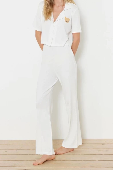 Kadın Polyester Gömlek Yaka Kısa Kol Ayıcık Nakışlı Fitilli Gömlek-Pantolon Örme Pijama Takımı - 2