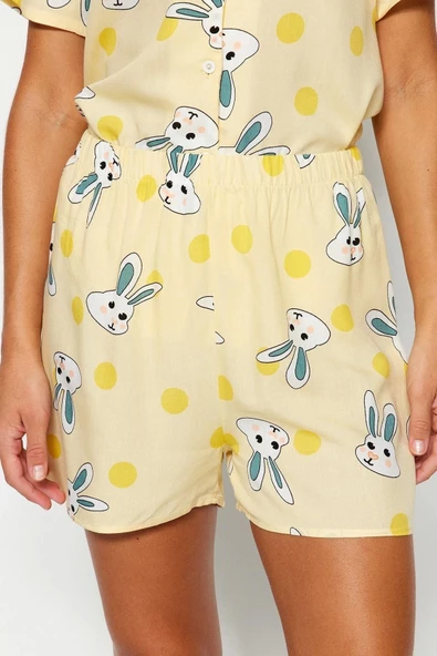 Kadın Viskon Gömlek Yaka Kısa Kol Tavşan Desenli Viskon Gömlek-Şort Dokuma Pijama Takımı - 4