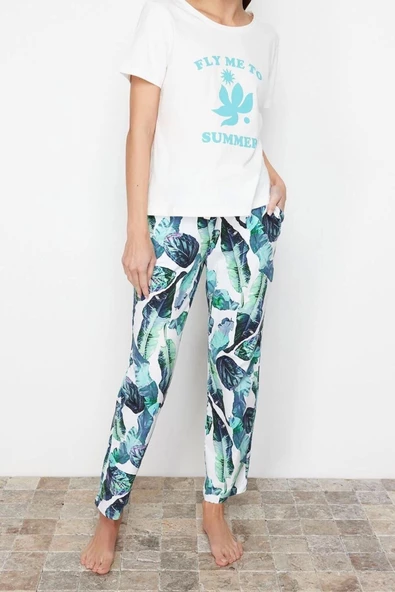 Kadın Pamuklu Bisiklet Yaka Kısa Kol Pamuklu Çiçekli Örme Pijama Takımı - 4