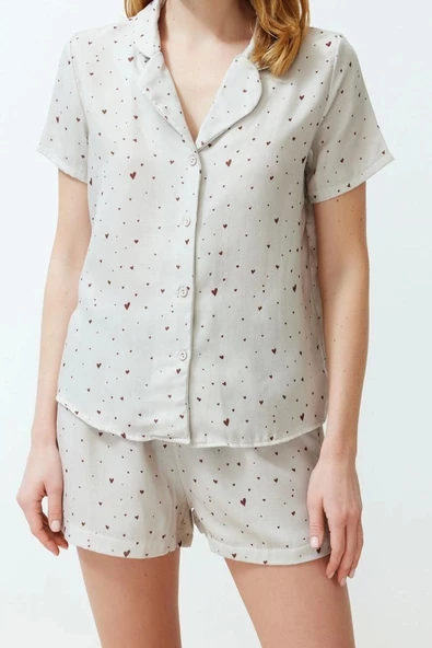 Kadın %100 Pamuk Gömlek Yaka Kısa Kol %100 Pamuk Kalp Desenli Müslin Dokuma Pijama Takımı