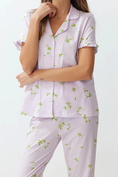 Kadın %100 Pamuk Gömlek Yaka Kısa Kol %100 Pamuk Çiçekli Fırfır Detaylı Örme Pijama Takımı - 4
