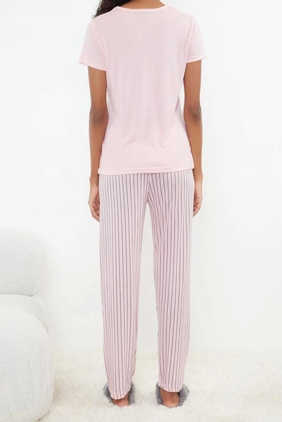 Kadın Polyester Bisiklet Yaka Kısa Kol Slogan Baskılı Çizgili Örme Pijama Takımı - 5