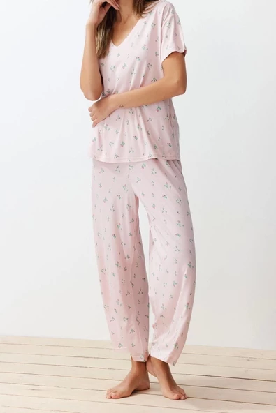 Kadın Viskon V Yaka Kısa Kol Çiçekli Örme Pijama Takımı - 3