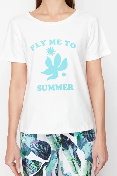 Kadın Pamuklu Bisiklet Yaka Kısa Kol Pamuklu Çiçekli Örme Pijama Takımı