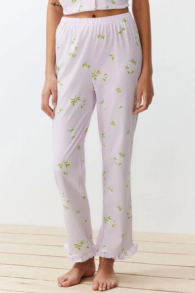 Kadın %100 Pamuk Gömlek Yaka Kısa Kol %100 Pamuk Çiçekli Fırfır Detaylı Örme Pijama Takımı - 5