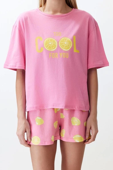 Kadın %100 Pamuk Bisiklet Yaka Kısa Kol %100 Pamuk Slogan Meyve Baskılı Örme Pijama Takımı