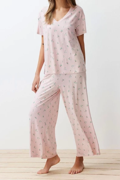 Kadın Viskon V Yaka Kısa Kol Çiçekli Örme Pijama Takımı - 4