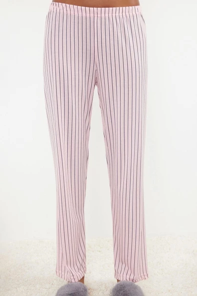 Kadın Polyester Bisiklet Yaka Kısa Kol Slogan Baskılı Çizgili Örme Pijama Takımı - 4