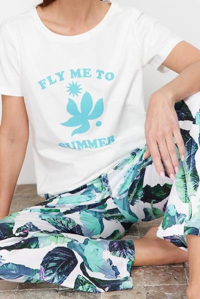Kadın Pamuklu Bisiklet Yaka Kısa Kol Pamuklu Çiçekli Örme Pijama Takımı - 2