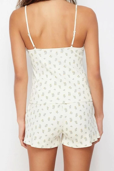 Kadın Pamuklu Askılı Yaka Askılı Kol Çiçekli Dantel Detaylı İp Askılı Fitilli Örme Pijama Takımı - 5