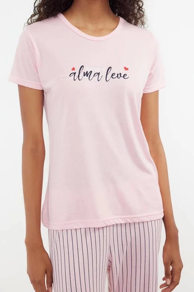 Kadın Polyester Bisiklet Yaka Kısa Kol Slogan Baskılı Çizgili Örme Pijama Takımı