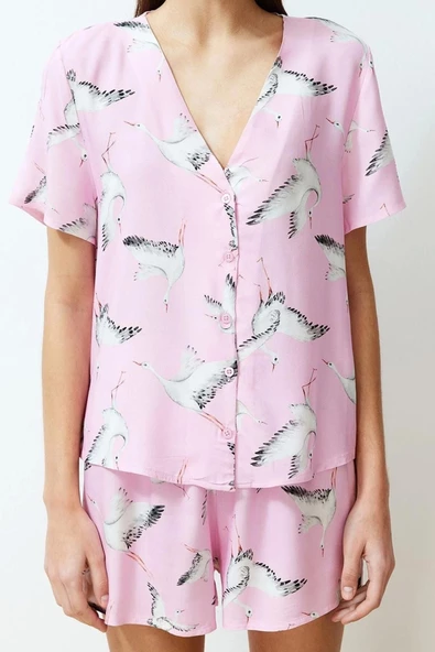 Kadın Viskon V Yaka Kısa Kol Leylek Desenli Viskon Dokuma Pijama Takımı